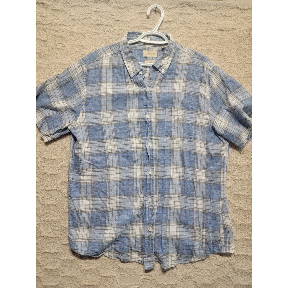 Weatherproof Vintage Mens XL Blue Plaid Linen Blend Short Sleeve Button Down